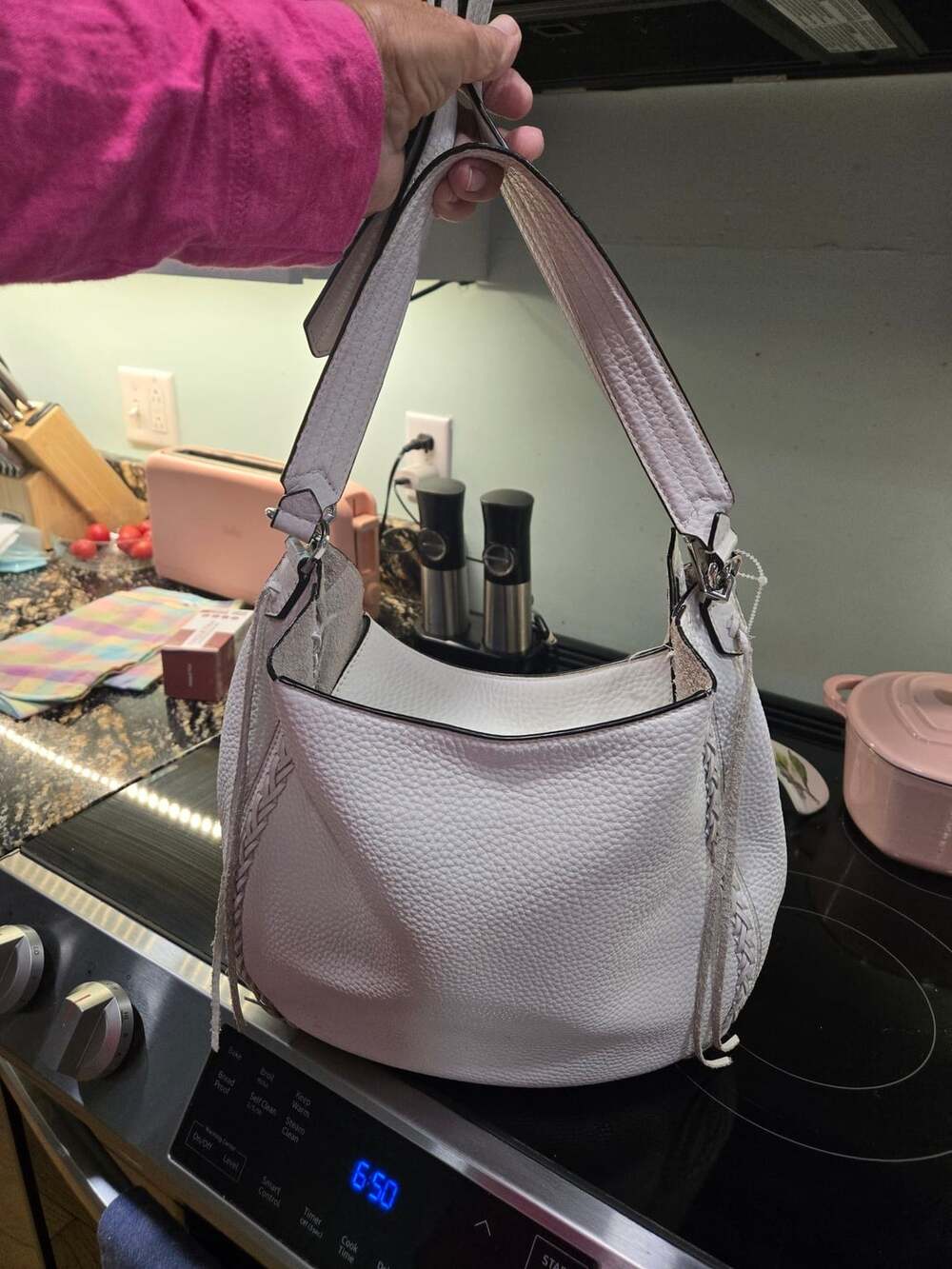 Rebecca Minkoff Unlined Convertible Hobo Whipstitch White Pebbled Leather Bag